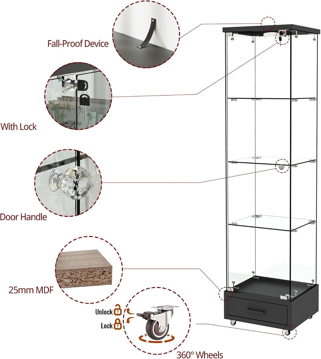 Modern Glass Display Cabinet with LED Light 4-Shelf Curio Cabinets with Storage Drawer and Wheels,Tempered Glass Display Shelf Bookcase for Living Room Home Office