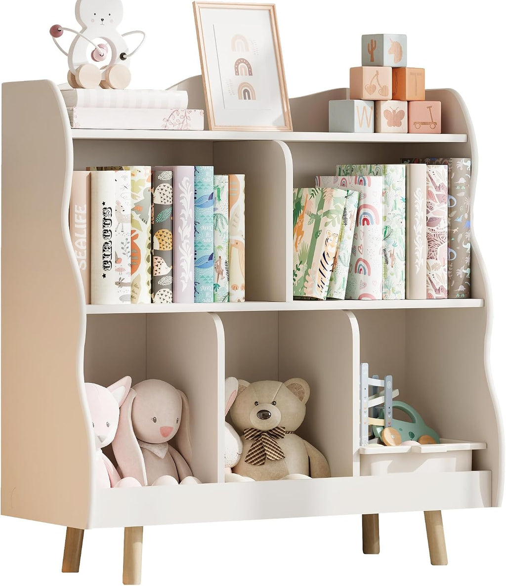 Treocho Kids Bookshelf and Toy Storage Orangizer, 3-Tier Wooden Children's Bookcase with Curve Design, 5 Cubbies Toy Storage Cabinet Display with Legs for Children's Room, Playroom, School, White