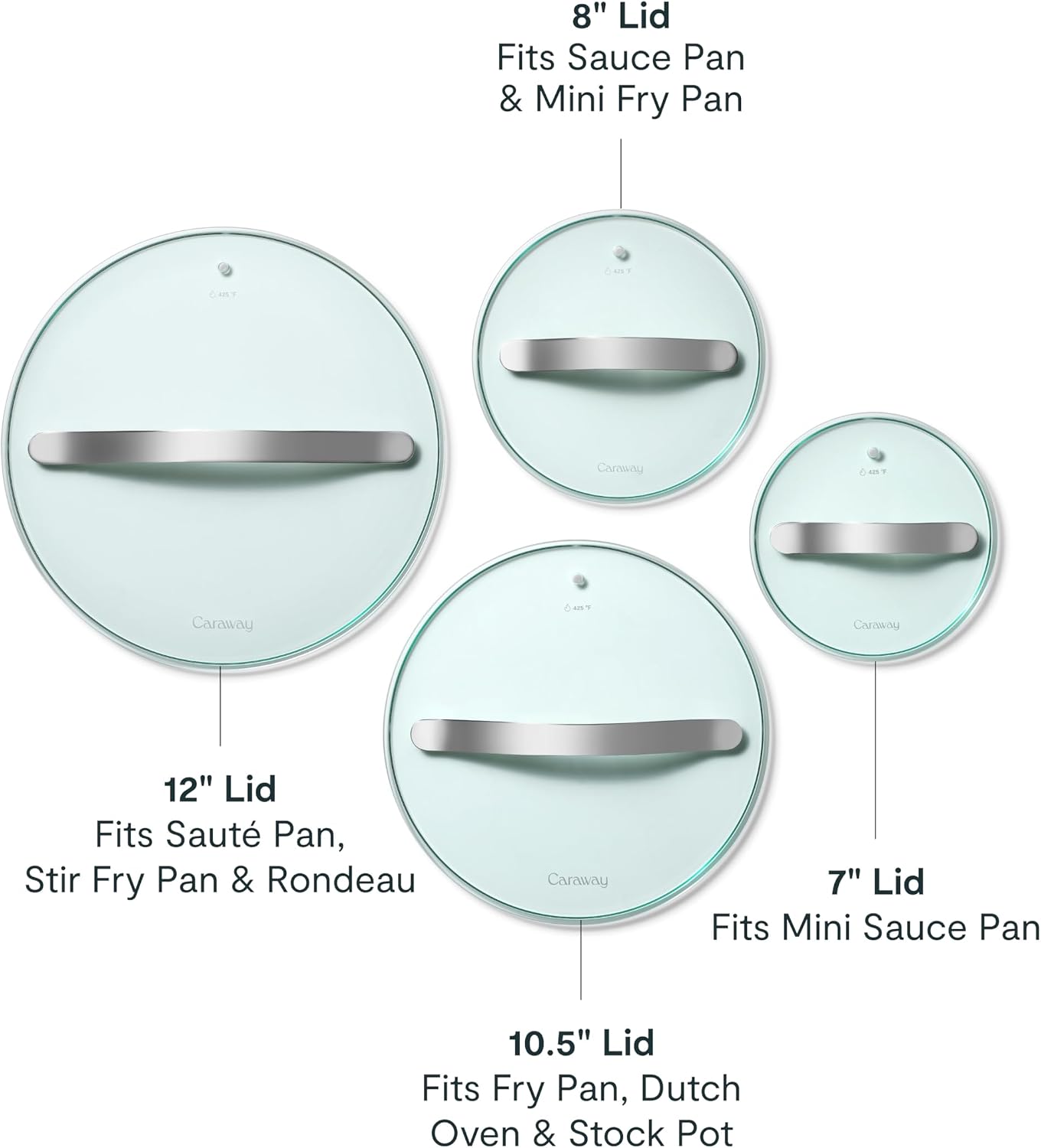 Caraway Glass Lids Set for Pots and Pans - Made With Tempered Glass - Sized to Fit Caraway Ceramic-Coated & Stainless Steel Cookware - Includes 4 Sizes - 7', 8', 10.5', & 11.8'