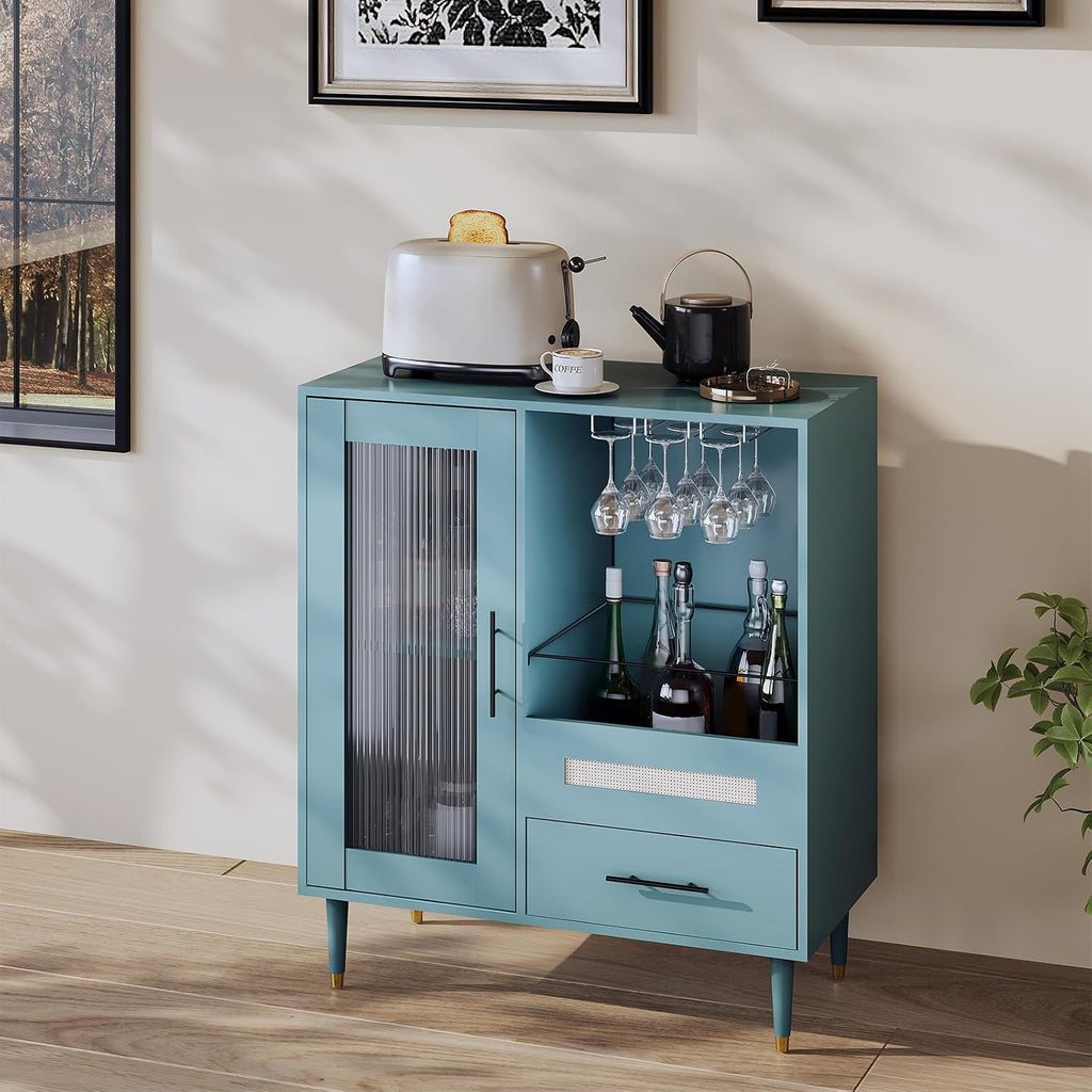 GarveeHome Modern Wine Bar Cabinet with Wine Glass Rack, Glass Door Display and Drawers, Coffee Bar & Liquor Cabinet with Storage, Buffet Sideboard Table for Home, Kitchen, Dining Room, Living Room