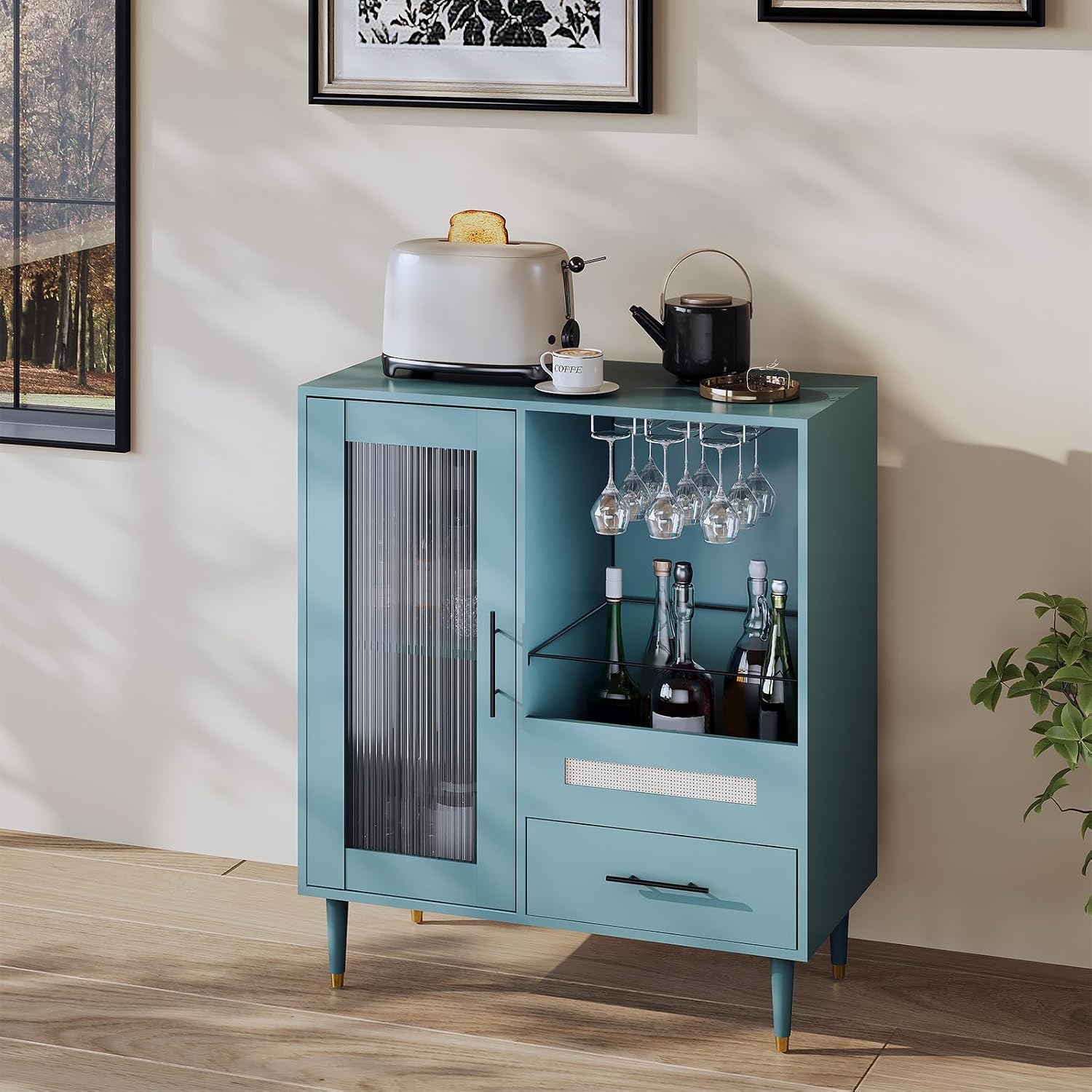 GarveeHome Modern Wine Bar Cabinet with Wine Glass Rack, Glass Door Display and Drawers, Coffee Bar & Liquor Cabinet with Storage, Buffet Sideboard Table for Home, Kitchen, Dining Room, Living Room