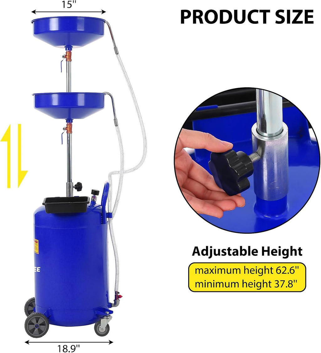 Garvee 20 Gallon Waste Oil Drain Tank, Portable Oil Drain Container, Air Operated Drainer, Fluid Fuel Transfer Drainage, Adjustable Funnel Height with Wheel &15'' Premium Bowl and a Toolbox
