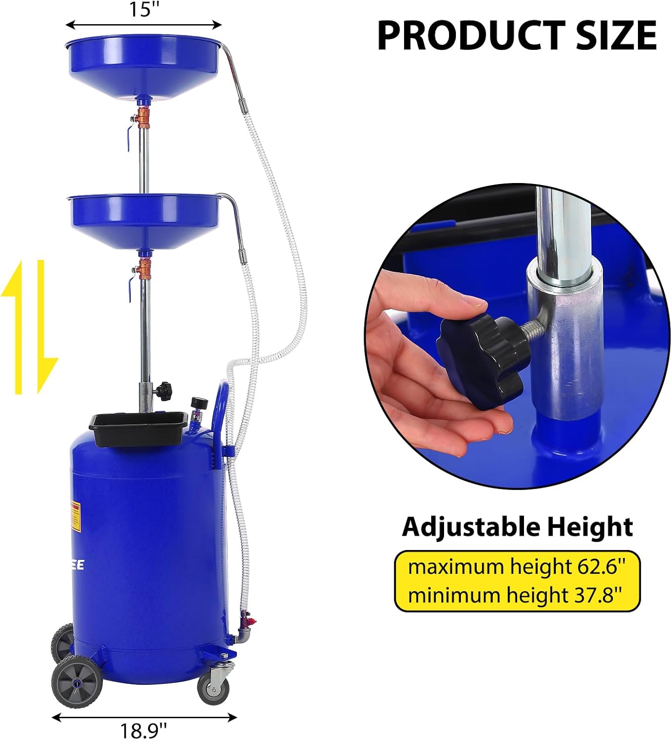 Garvee 20 Gallon Waste Oil Drain Tank, Portable Oil Drain Container, Air Operated Drainer, Fluid Fuel Transfer Drainage, Adjustable Funnel Height with Wheel &15'' Premium Bowl and a Toolbox