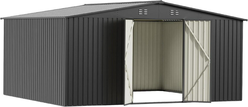 12 x 14 FT Metal Outdoor Storage Shed, Waterproof Garden Utility Shed with Lockable Door, All-Weather Storage Shelter for Bikes,Tool for Patio Lawn Backyard Garden Black