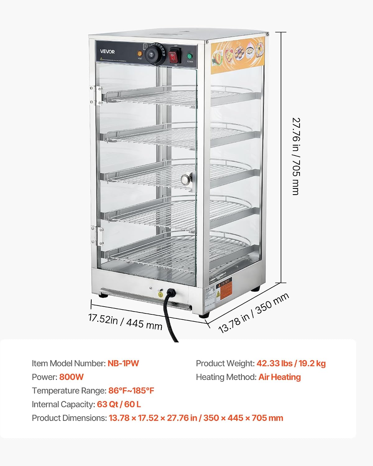 VEVOR 5-Tier Commercial Food Warmer Display, 800W Food Display Warmer with LED Light, Adjustable Shelf and Stainless Steel Frame, 86℉~185℉ Air Heating, 60L for Hamburger, Pizza, Bread, Fried Chicken