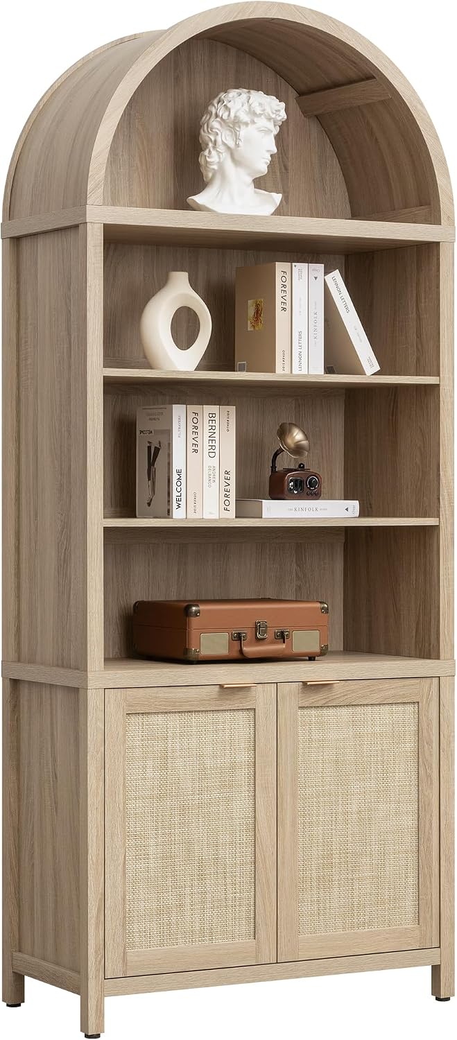 SICOTAS Book Shelf Arched Cabinet Bookshelf Arch 84.2' Tall Bookcase 5 Tier Large Bookshelves with Doors Storage Rattan Boho Wide Book Shelves Case for Living Room Kitchen Office Bedroom Library