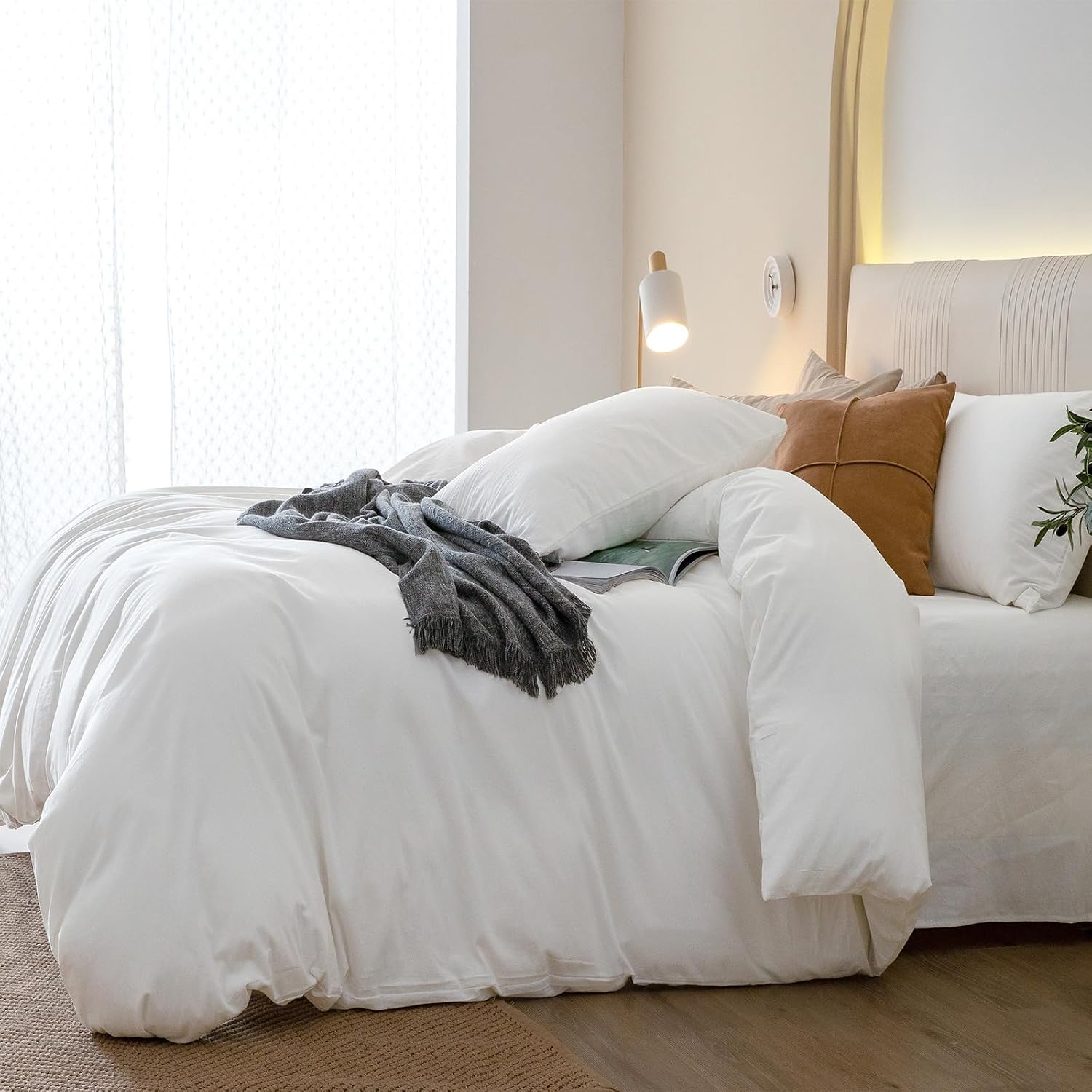 JIYUAN Oversized King Plus Duvet Cover Set, 3-Piece - 100% Washed Cotton, Linen-Like Soft & Breathable with Zipper Closure, Includes 128x120 Inch Cover & 2 Pillowcases, Solid Bright White