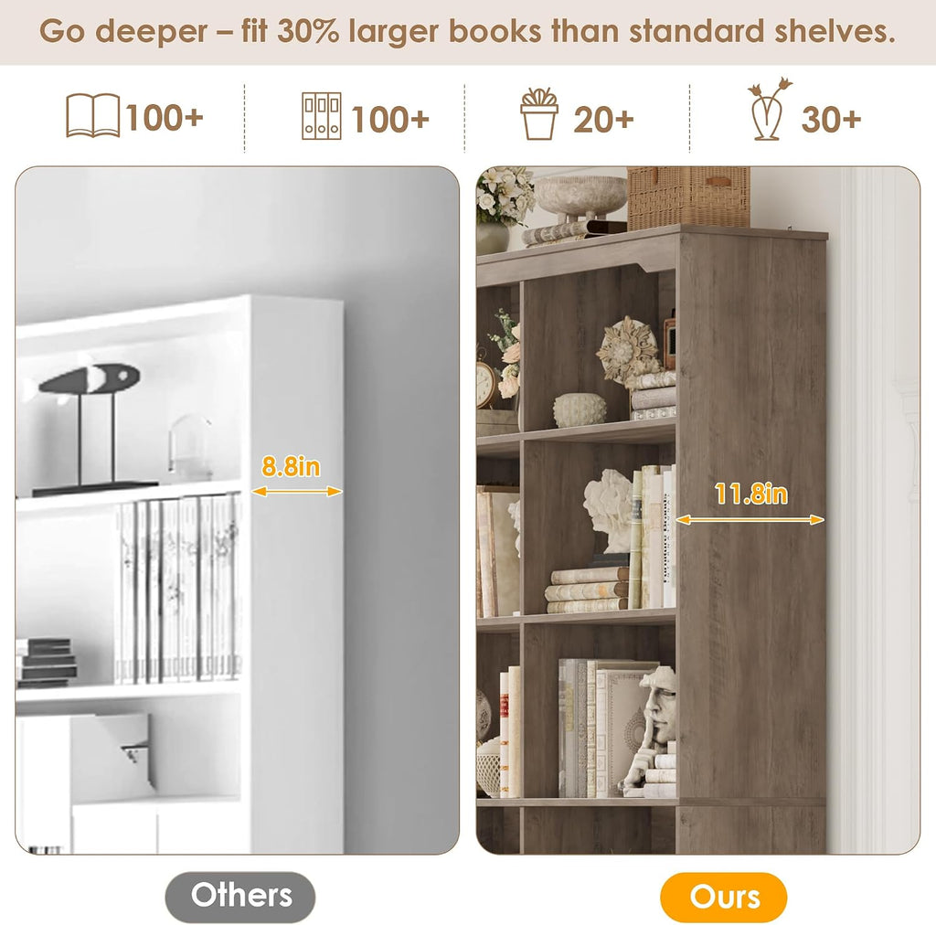 FINETONES 71' Tall Bookshelf with 4 Drawers, 6-Tier Double Wide Bookshelves and Bookcases with Storage, Ash Grey Bookshelf Large Open Bookshelves Standing Book Cabinet for Home Office