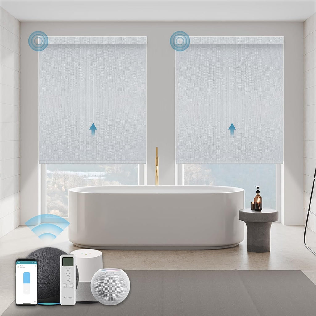 Motorized Shades,Smart Blinds with Remote,100% Blackout Roller Blinds,Work with Google Assistant,Homekit,Automatic Shades,Custom Widths from 16' to 110',Vinyl Light Grey