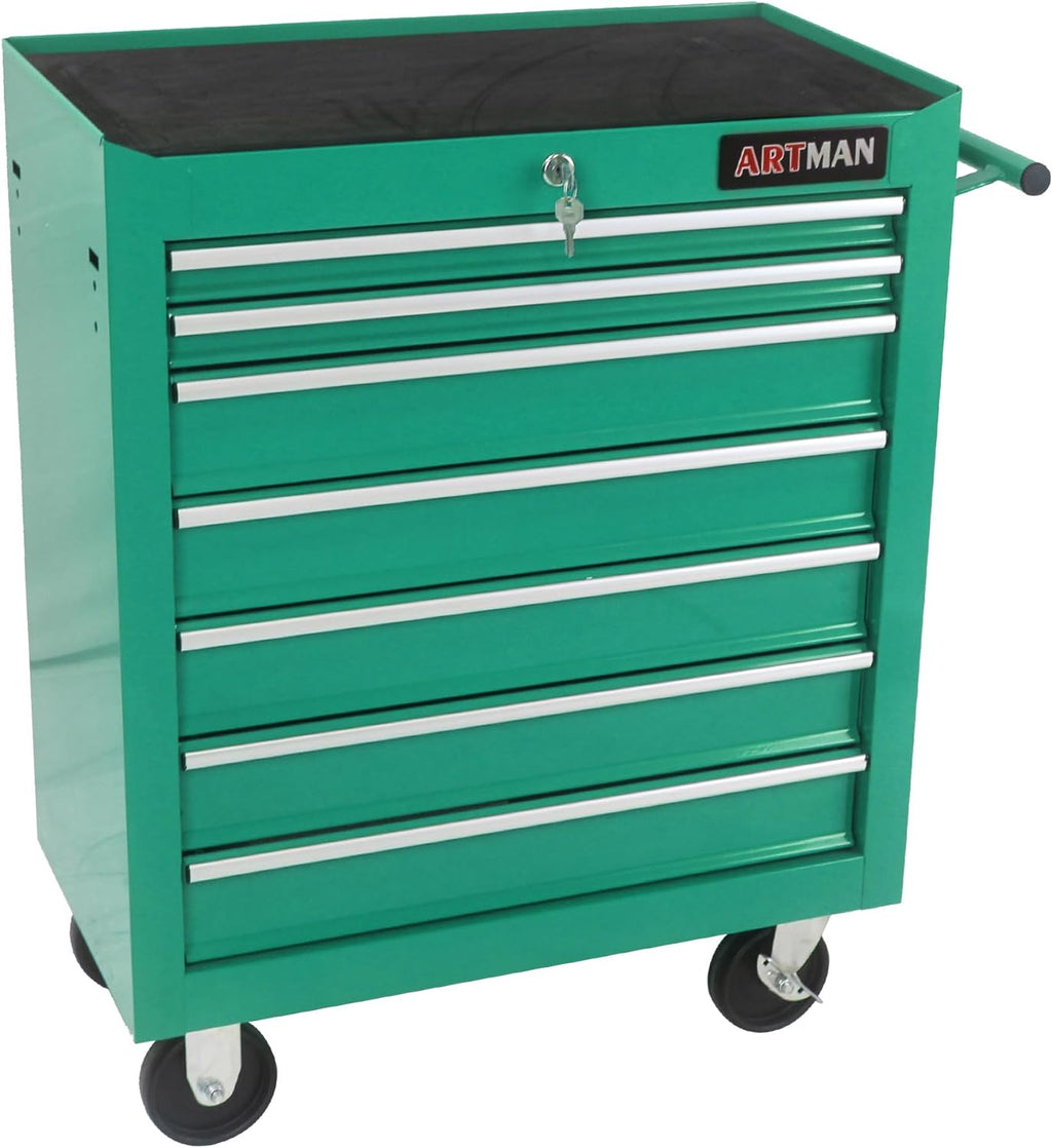 Rolling Tool Cart with 7 Drawers, Lockable Heavy-Duty Steel Tool Cabinet on Wheels, 1000 lb Capacity, Ball-Bearing Slides, Powder-Coated Finish, Garage Workshop Tool Storage Green