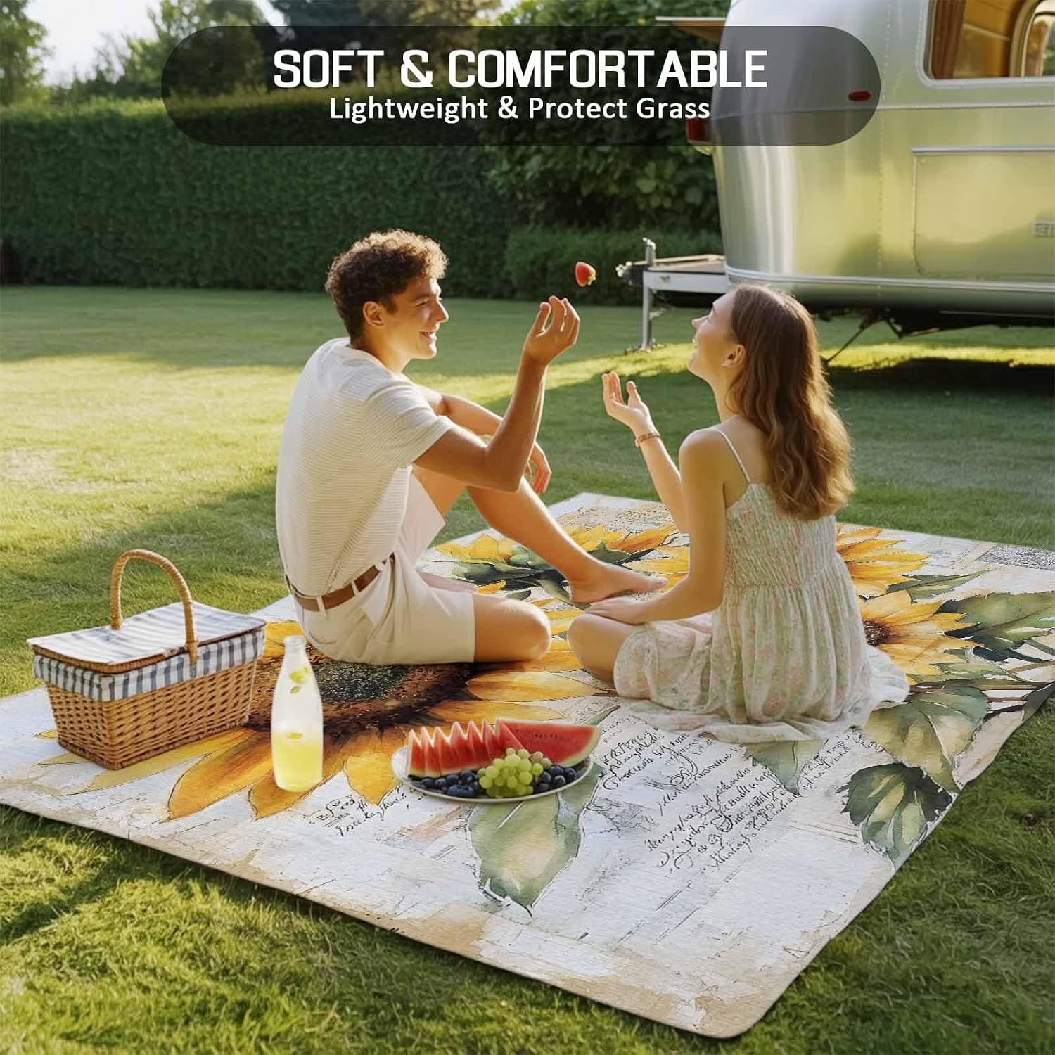 Outdoor Rug 4x6ft Summer Country Blossom Sunflowerretro Newspaper Backdrop Patio Area Rugs Waterproof Easy Cleaning Non Shedding Thick Mats Carpet for Indoor Outdoor Porch Deck Backyard Balcony