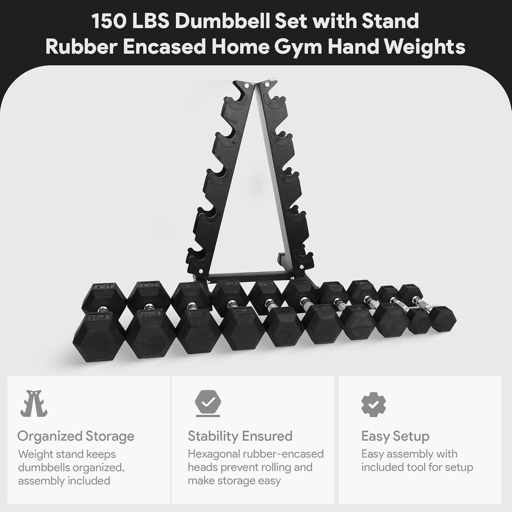 BalanceFrom Rubber Coated Hex Dumbbell Weight Set with Storage Rack, 100LB or 150LB or 200LB Set, 5-20 lbs or 5-25 lbs or 10-30 lbs Pairs