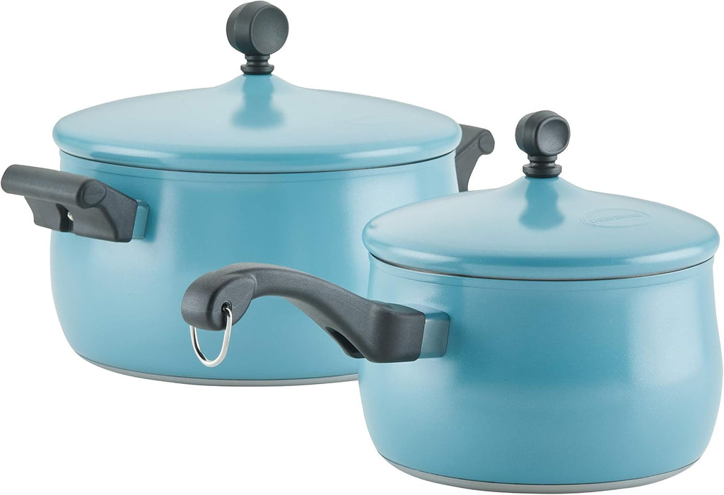 Farberware 120 Limited Edition Stainless Steel Cookware Pots and Pans Set with Prestige Kitchen Tools, 10 Piece, Aqua Blue