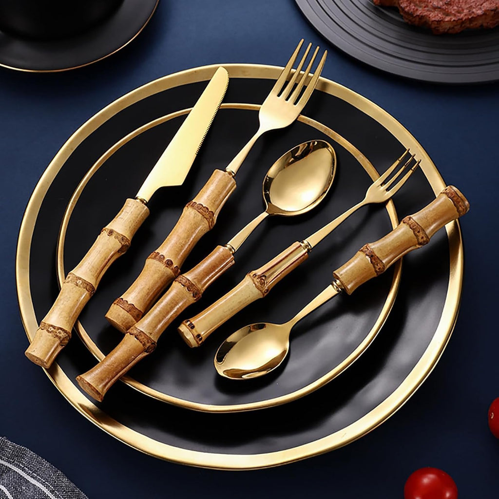 90 piece gold bamboo silverware sets, bamboo handle cutlery sets, household kitchen 18/8 stainless steel flatware utensil sets for 18