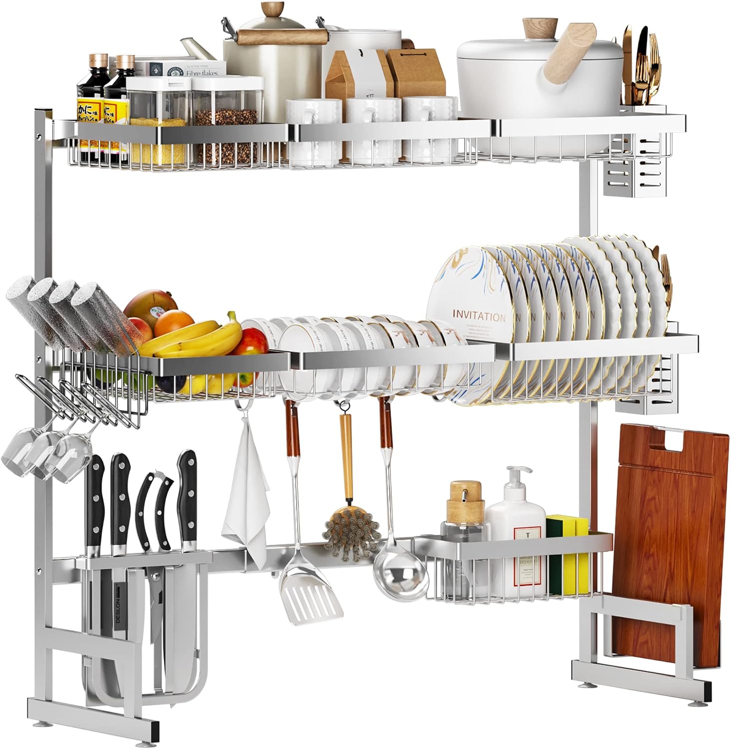 PUSDON Over Sink Dish Drying Rack Stainless Steel, Adjustable Large Dish Drainer for Storage Kitchen Organization Silver 3 Tier - Standard(34'-46')