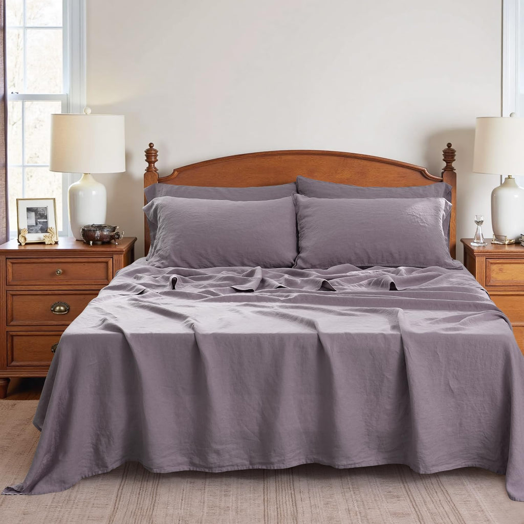S VICTORY SYMBOL 100% Organic Linen Sheets Set Queen Size,Washed French Flax Bed Sheets 4 Pieces(2 Pillowcases,1 Fitted Sheet,1 Flat Sheet) Dusty Purple,Natural Linen Bedding