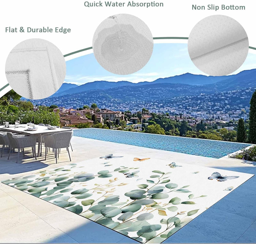 Outdoor Rug 4x6ft Spring Green Eucalyptus Leaf Butterfly on White Patio Area Rugs Waterproof Easy Cleaning Non Shedding Thick Mats Botanical Carpet for Indoor Outdoor Porch Deck Backyard Balcony
