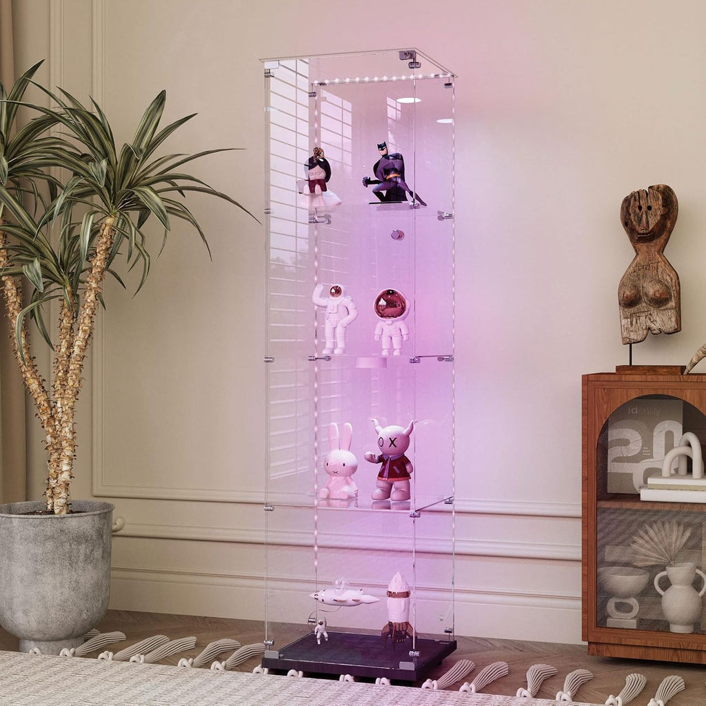 65' Tall Tempered Glass Display Cabinet with LED Lights&Rolling Wheels, Curio Cabinet with 4 Shelves with 1 Door, Quick-Install Style Floor Standing Bookshelf File Cabinet for Living Room Office