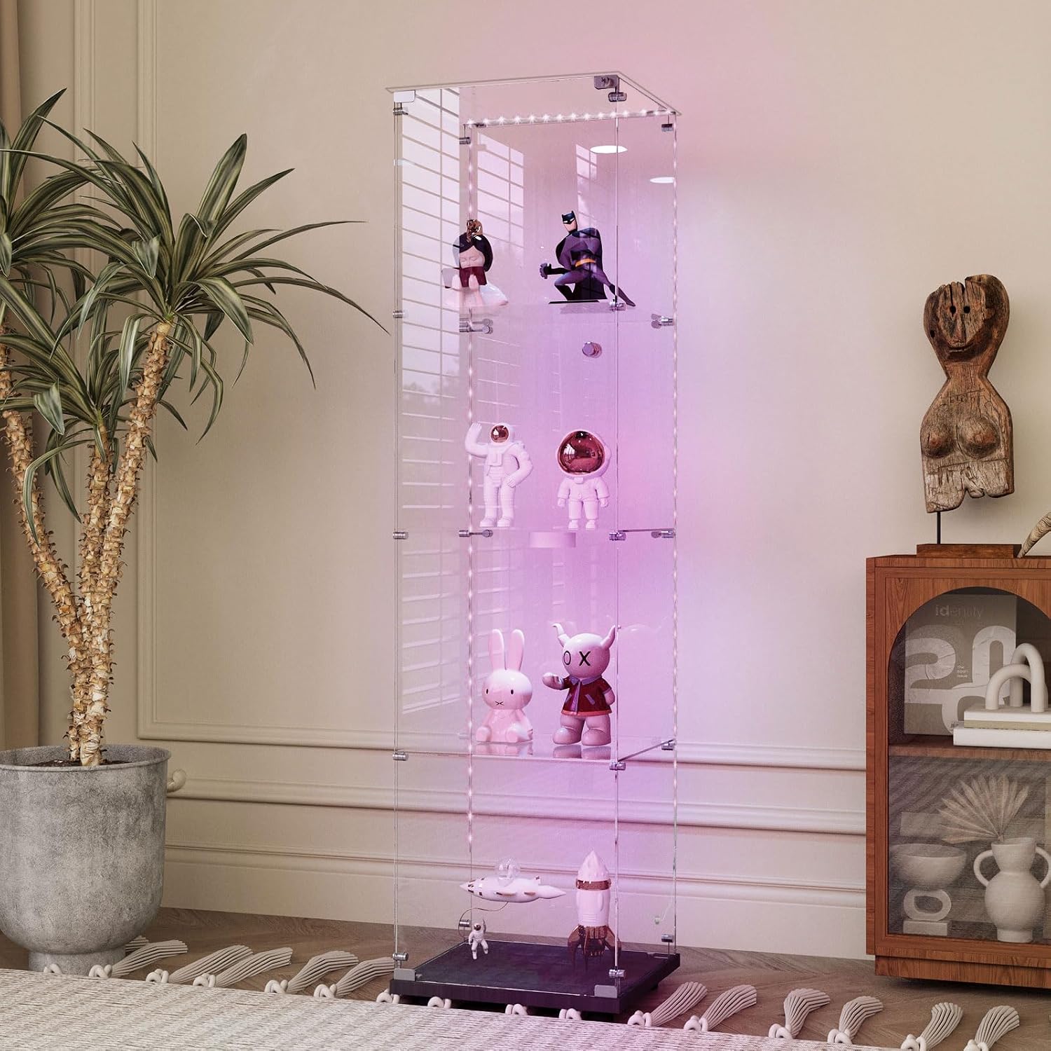65' Tall Tempered Glass Display Cabinet with LED Lights&Rolling Wheels, Curio Cabinet with 4 Shelves with 1 Door, Quick-Install Style Floor Standing Bookshelf File Cabinet for Living Room Office