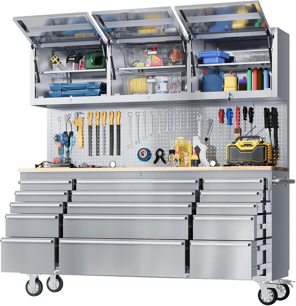 GarveeTech 72-Inch Heavy-Duty Rolling Tool Chest & Mobile Workbench, 15 Drawers & 3 Top Cabinets, Rubber Wood Tabletop, Key Locking System, Drawer Liners, Wheels, Steel Storage Cabinet for Garage