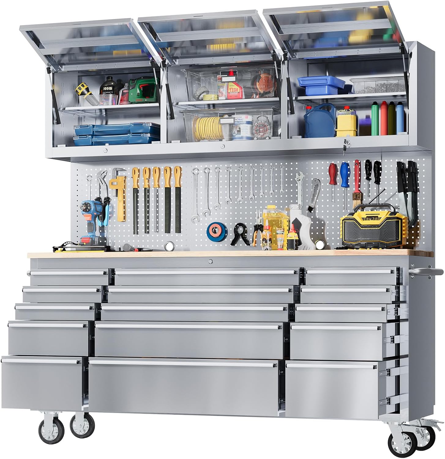 GarveeTech 72-Inch Heavy-Duty Rolling Tool Chest & Mobile Workbench, 15 Drawers & 3 Top Cabinets, Rubber Wood Tabletop, Key Locking System, Drawer Liners, Wheels, Steel Storage Cabinet for Garage