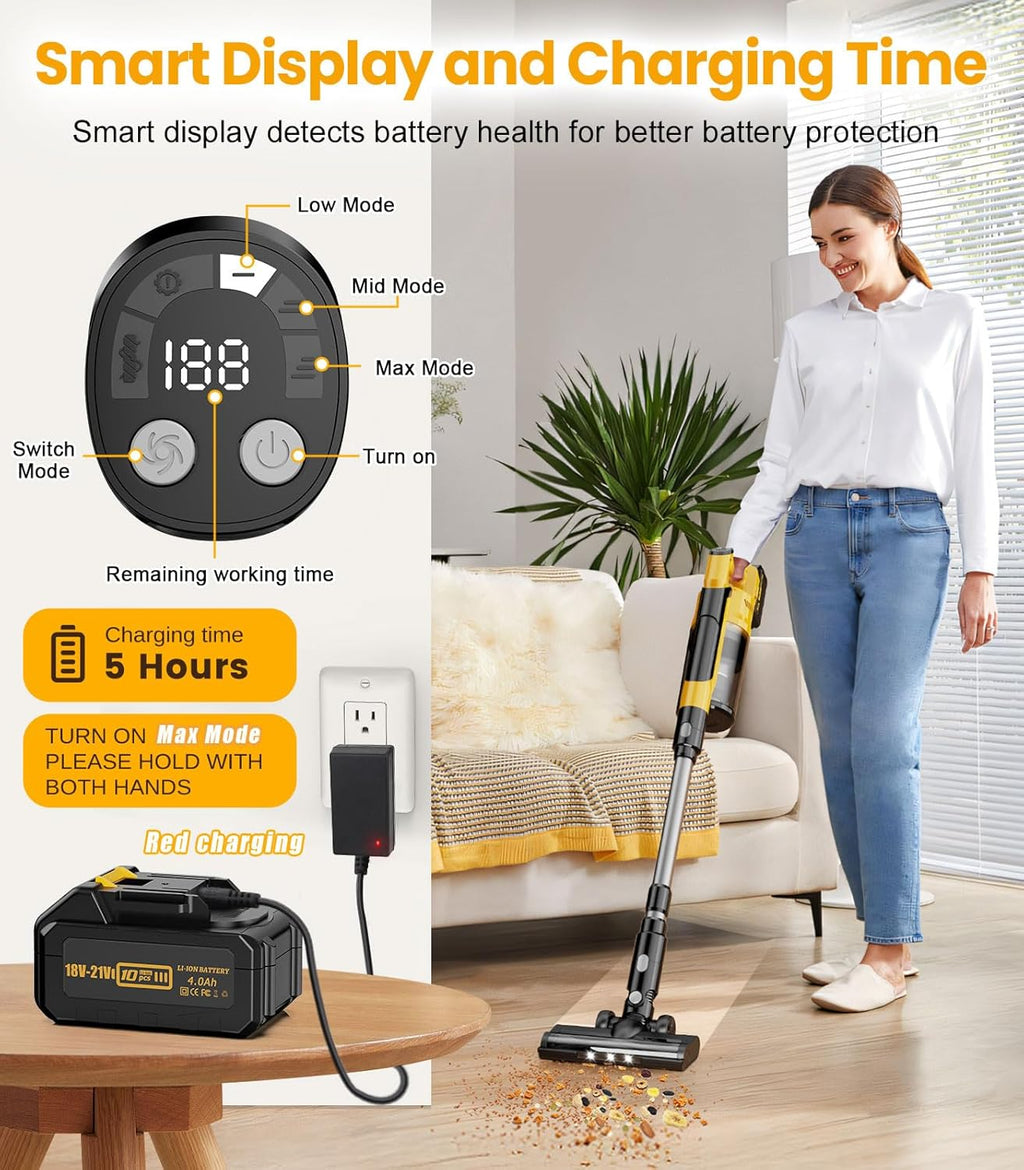 qimedo V1 Cordless Vacuum with Extra 8000mAh Battery, 700W Brushless Vacuum Cleaners for Home, 6 in 1 Electric Stick Vacuum withwith Hepa Filter, Best Cordless Vacuum for Pet Hair/Hardwood Floor