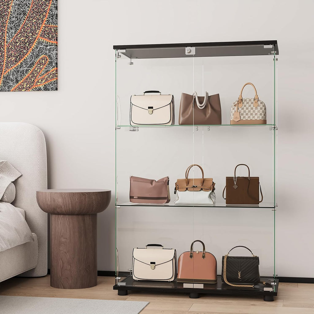 Glass Display Cabinet with 3-Shelf Double Doors and Lock, Curio Cabinet 5mm Tempered Glass Floor Standing Bookshelf for Living Room, Bedroom, Office, 49 x 31.77 x 14.37 in, Black