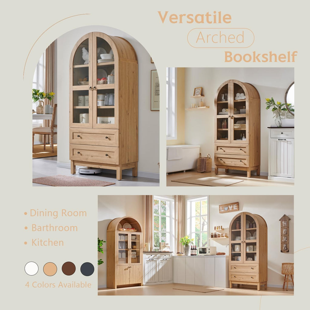 IFBUY 71' Tall Arched Bookshelf, 4-Tier Bookcase with Glass Doors and Shelves, Wooden Display Cabinet w/2 Large Storage Drawers, Modern Farmhouse Versatile Bookshelf for Living Room, Natrual
