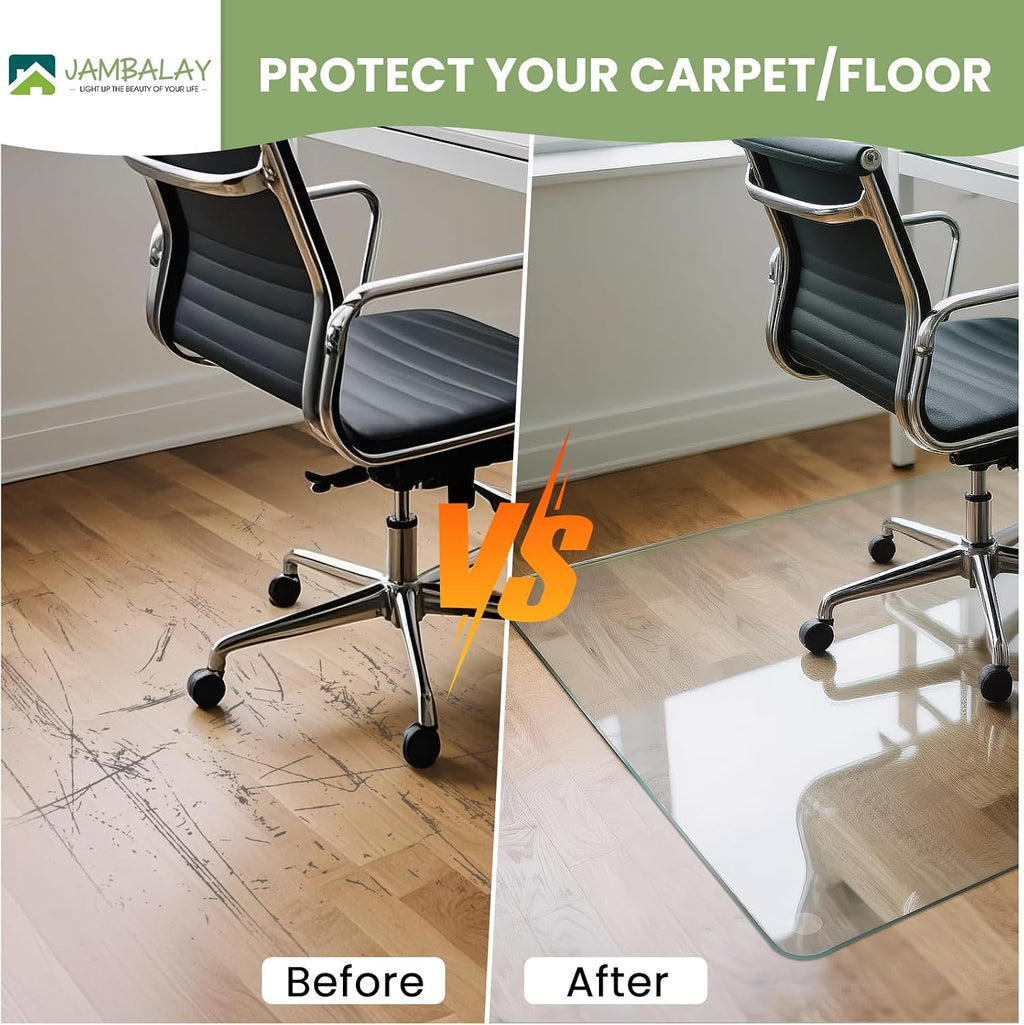 JAMBALAY Irregular Tempered Glass Chair Mat with Lip, 46'x36' Heavy Duty Glass Floor Mat for Carpet/Hard Floors, Carpet Office Chair Mats with Anti-Slip Pads, Thick 0.2″, Clear