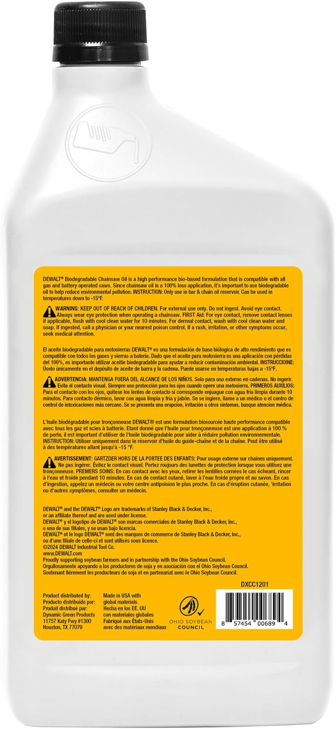 DEWALT – Biodegradable Bar & Chain Oil – Green, Eco-Friendly, Non-Toxic Professional Bar & Chainsaw Lubricant – Ultraclean All-Season Oil for Gas, Electric Saw, and Pole Saw, 32 oz (Case of 12)