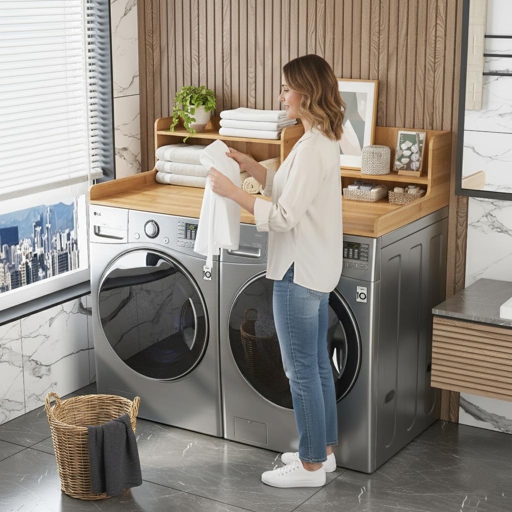 2-Tier Washer and Dryer Countertop w 54' W x 27.5' D Laundry Countertop Cover with Non-Slip Pad,Large Space Laundry Topper for Folding Clothes Over Washer and Dryer (Black)