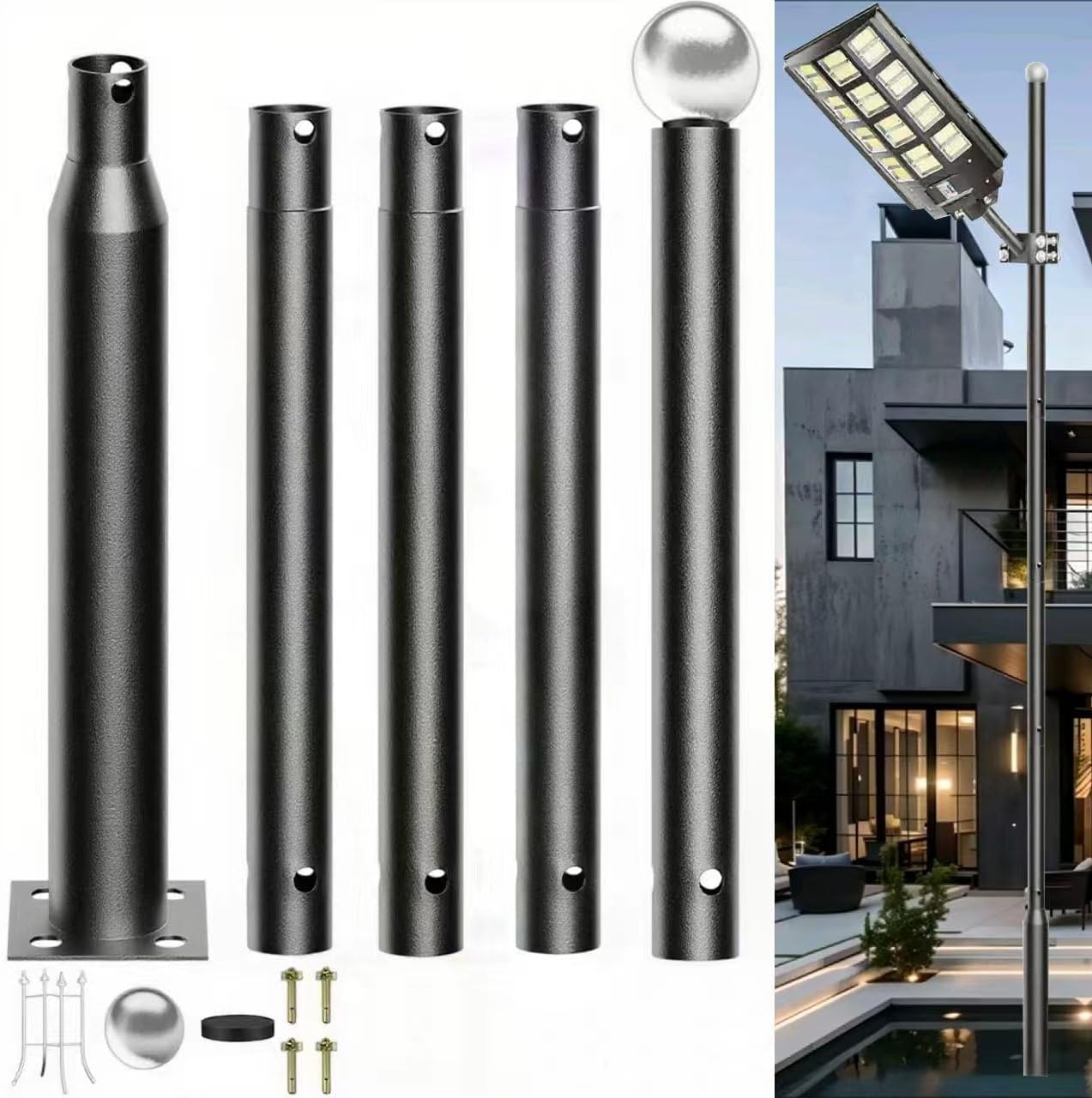 Street Light Pole 16ft Tall - Outdoor Solar Split Street Lamp Post Light Pole with Mounting Steel Anchors for Patio, Street, Backyard, Parking Lot