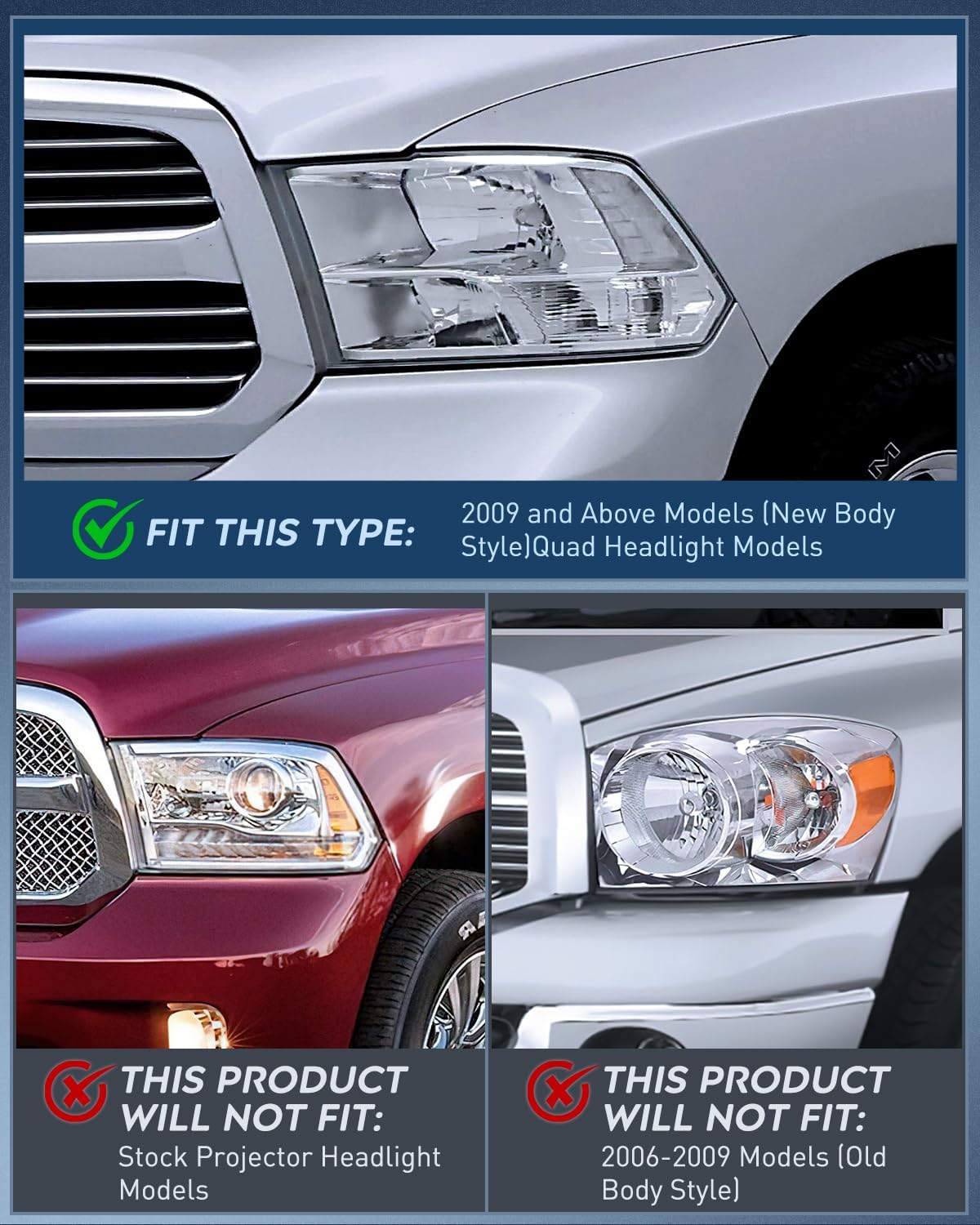 Nilight Headlight and Taillight Assembly Combo Compatible with 2009 2010 2011 2012 2013 2014 2015 2016 2017 2018 Dodge Ram for Quad Models Chrome Housing Clear Reflector with Red Housing Tail Light