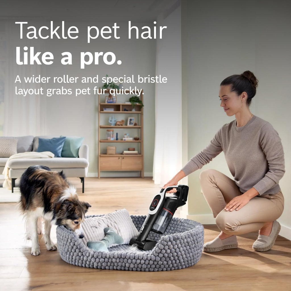 Bosch Unlimited 9 Cordless Stick Vacuum Cleaner - Up to 60 Min Battery, Multi-Surface, Vacuums Pet Hair, Hard Floors and Carpets, HEPA Filter, MicroClean Brush, 3 Accessories, White