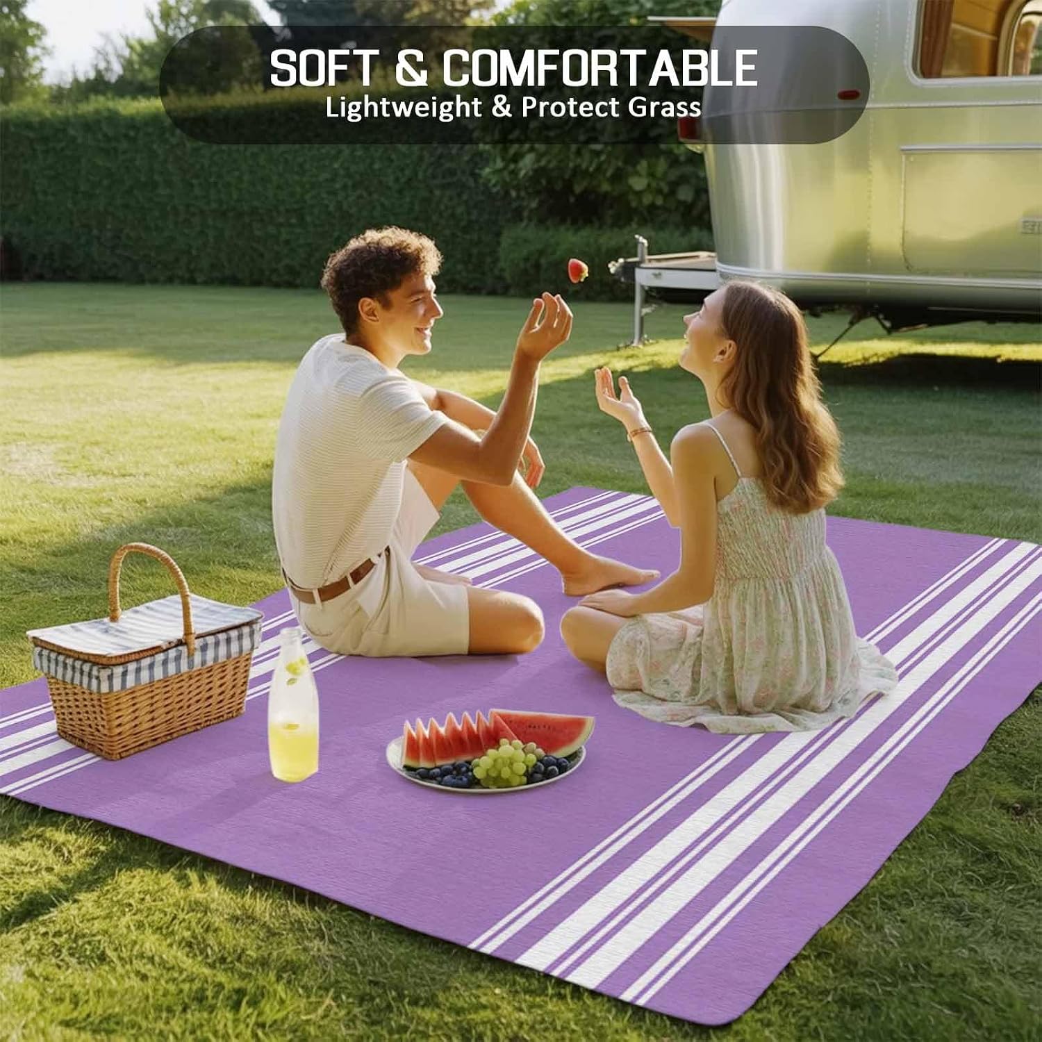 Outdoor Rug 4x6ft Pastoral Country Style White Stripes Patio Area Rugs Waterproof Easy Cleaning Non Shedding Thick Mats Purple Carpet for Indoor Outdoor Porch Deck Backyard Balcony
