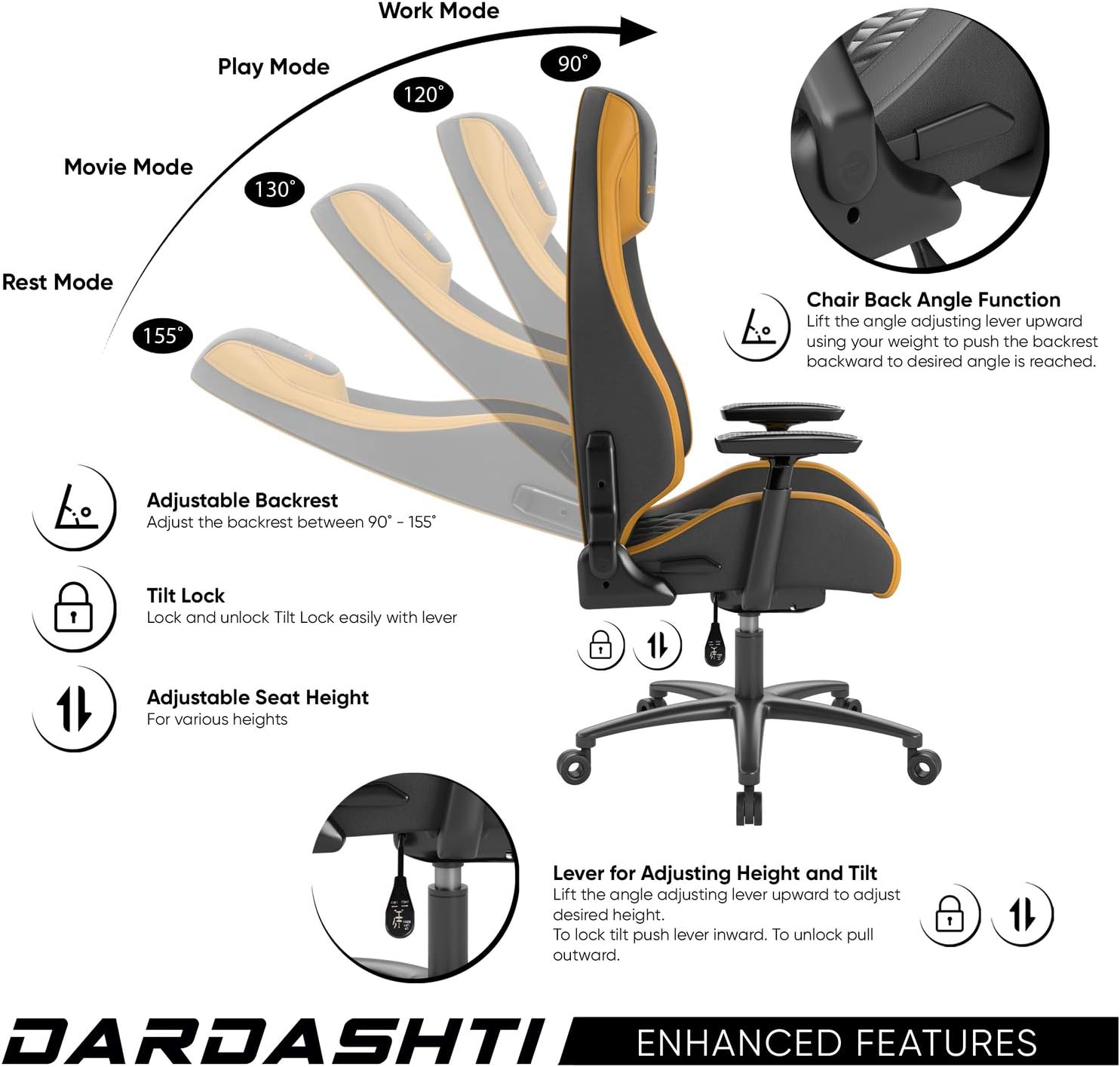 Atlantic Dardashti Gaming Chair - Commercial Grade, BIFMA X5.1 Tested, Next-Gen Ergonomic, Race Car Inspired Black with Golden Yellow Accents, PN78050358 (78050358)