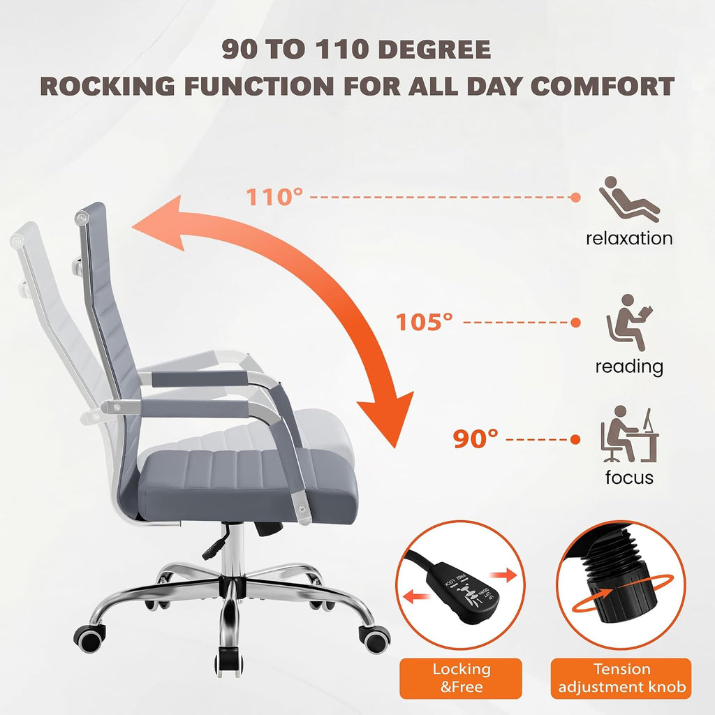 Furmax Ergonomic Office Desk Chair, Executive Ribbed Mid-Back PU Leather Conference Room Chair Adjustable Swivel Chair with Arms (4, Grey)