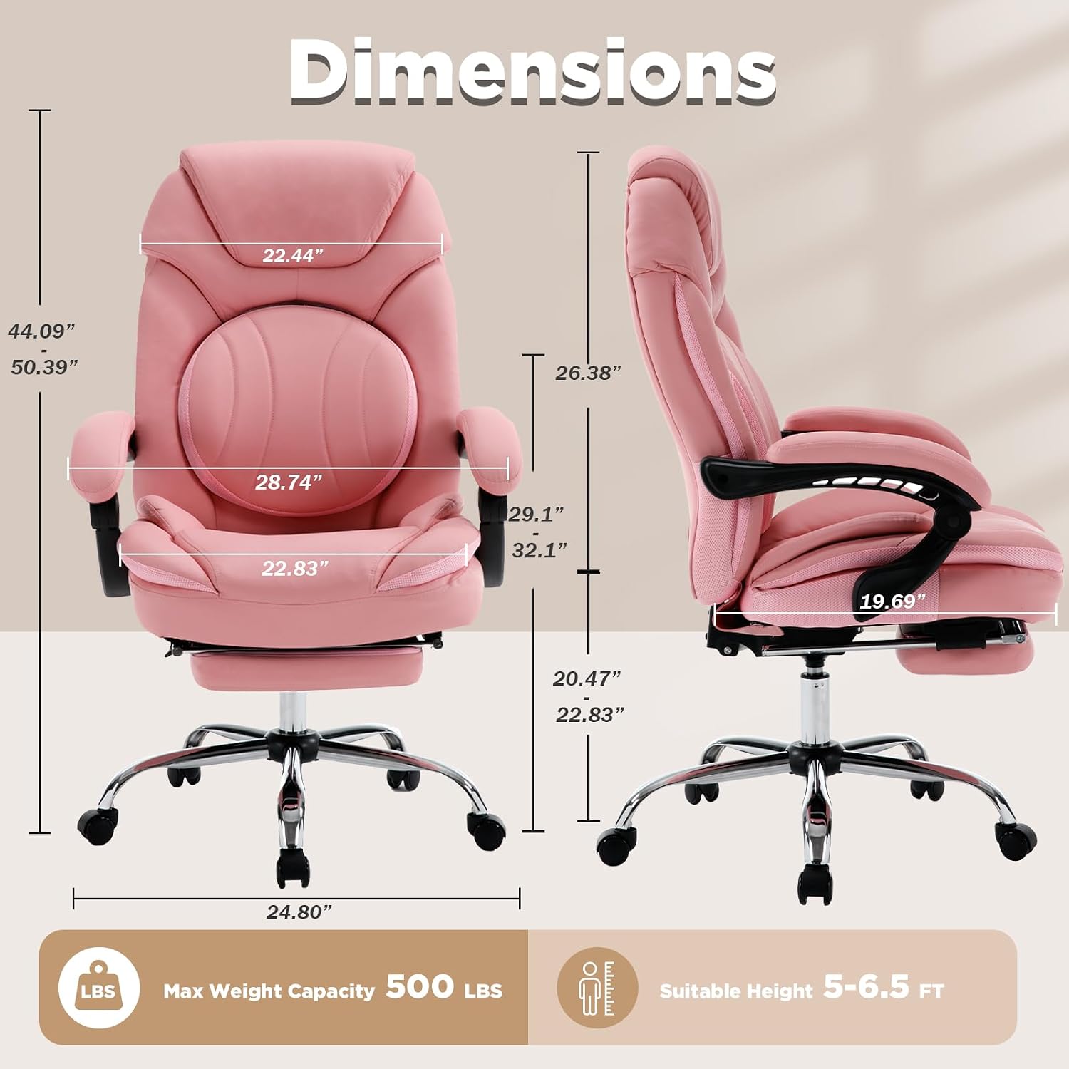 Comfy Reclining Office Chair with Footrest for Women Wide Seat Big Tall Computer Gaming Chair, 500lb Plus Size Ergonomic Recliner Office Desk Chair with Leg Rest, Pink