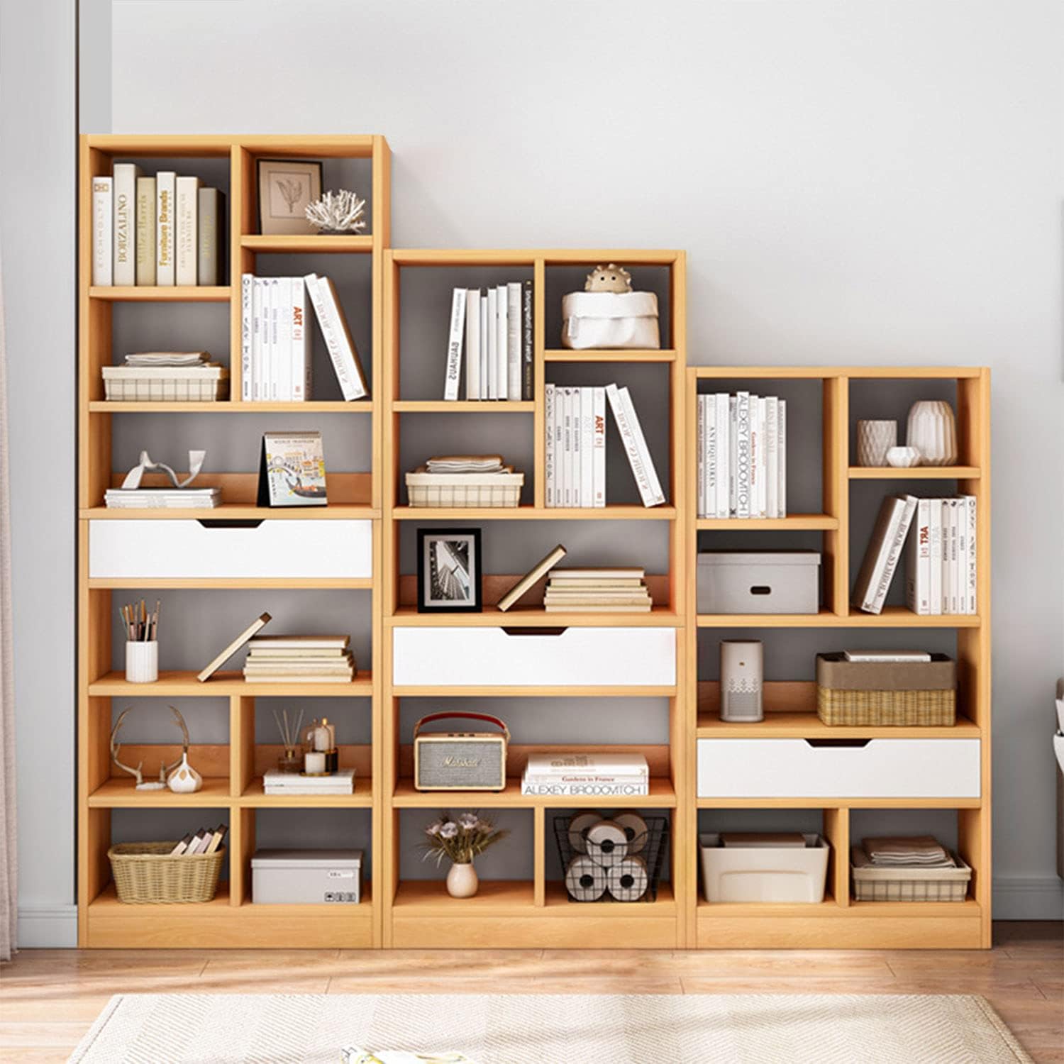 IOTXY Wooden Open Shelf Bookcase - 61 Inches Height Freestanding Display Storage Cabinet Organizer with 8 Cubes and a Drawer, Floor Standing Bookshelf in Maple Yellow