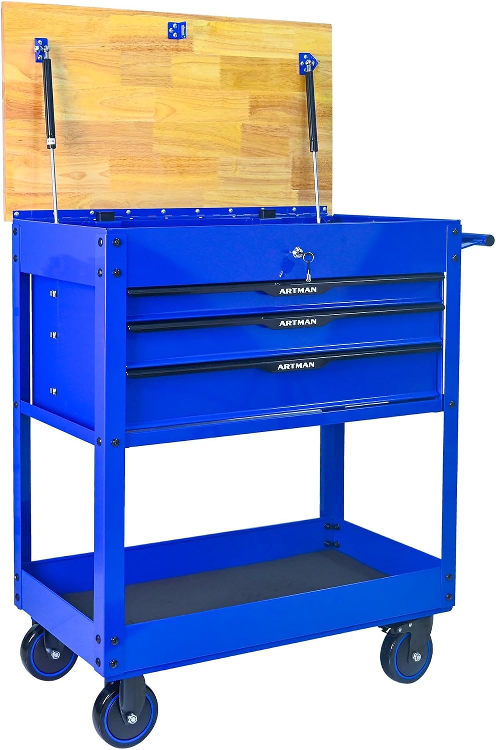 3-Drawer Rolling Tool Cart with Lift-Up Wooden Top, Heavy Duty Mobile Tool Cabinet with Secure Lock and Wheels, Multi-Functional Storage for Garage and Workshop