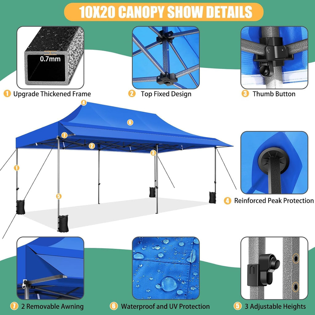 COBIZI 10x20 Pop Up Canopy Tent with Awning,Heavy Duty Canopy UPF 50+ All Season Wind Waterproof Commercial Outdoor Street Vendors Party Tents for Parties Canopy with Roller Bag(10 x 20 ft Blue)