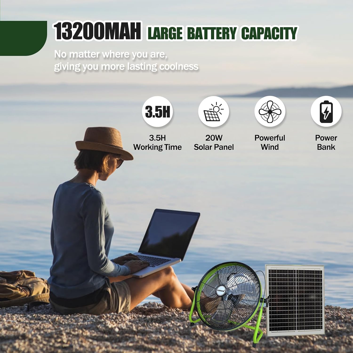 lcocove 14Inch Outdoor Fan, Battery Operated Fan Can Running 3.5-24 Hours, Solar Fans For Home,Outside,Shed,Patio,Greenhouse, with USB Output For Phone