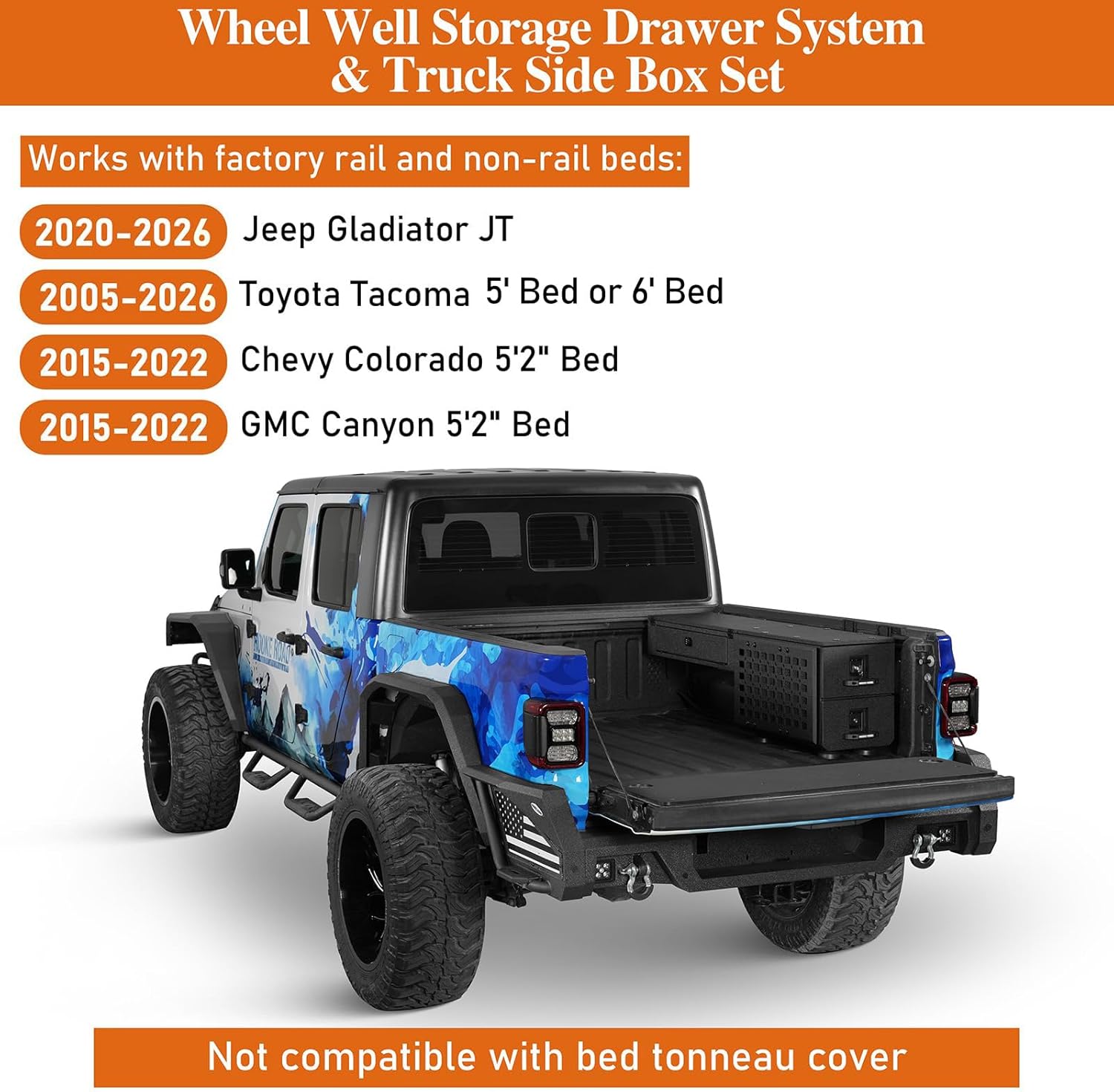 Hooke Road Truck Bed Wheel Well Tool Box with MOLLE Panel for Jeep Gladiator JT, Toyota Tacoma, Chevy Colorado & GMC Canyon 5'2' Bed, Solid Steel Storage Box with Drawer and Lock Keys