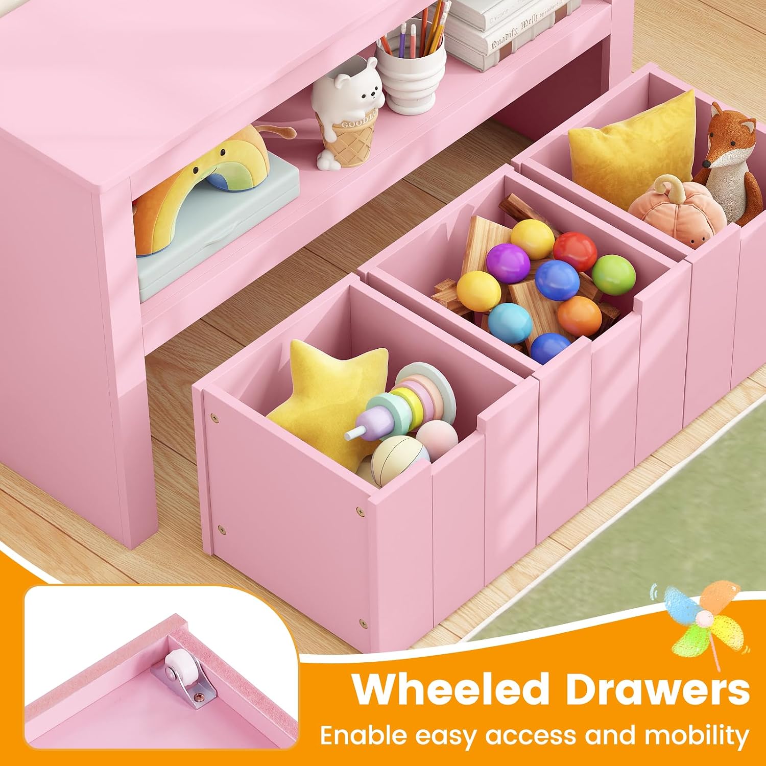 HONEY JOY Kids Toy Storage Organizer, Children Daycare Shelf, 3 Wooden Toy Box w/Wheels, Toddler Classroom Display Cabinet for Playroom, Nursery, Kindergarten (Pink)