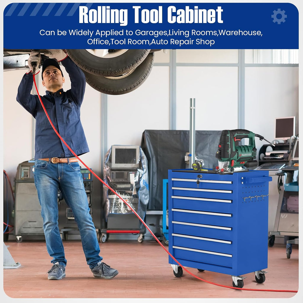 7-Drawer Rolling Tool Chest with Wheels,Tool Cabinet on Wheels with Keyed Locking,Multifunctional Tool Cart on Wheels,Tool Storage Organizer Cabinets for Garage,Warehouse, Repair Shop (Blue)