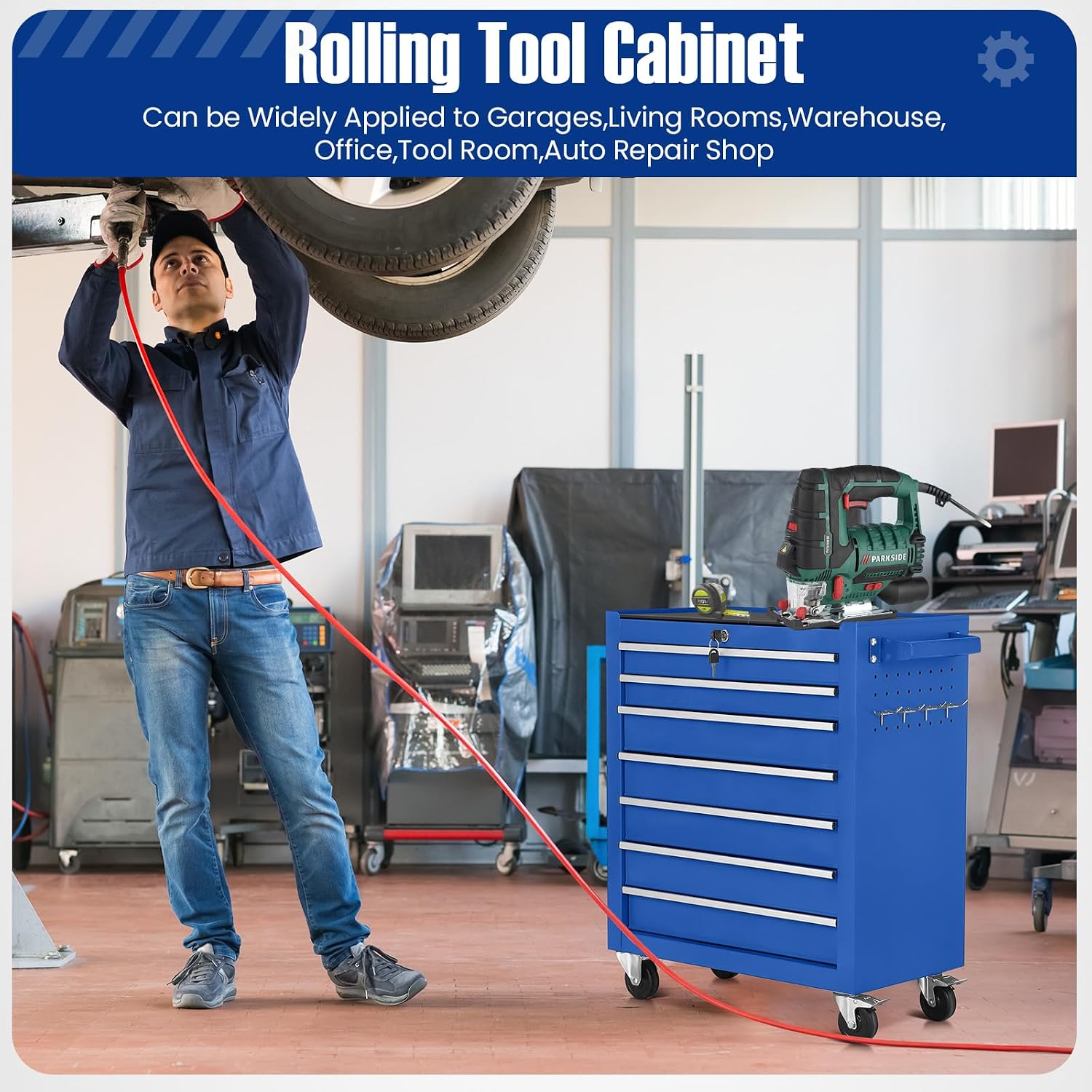 7-Drawer Rolling Tool Chest with Wheels,Tool Cabinet on Wheels with Keyed Locking,Multifunctional Tool Cart on Wheels,Tool Storage Organizer Cabinets for Garage,Warehouse, Repair Shop (Blue)