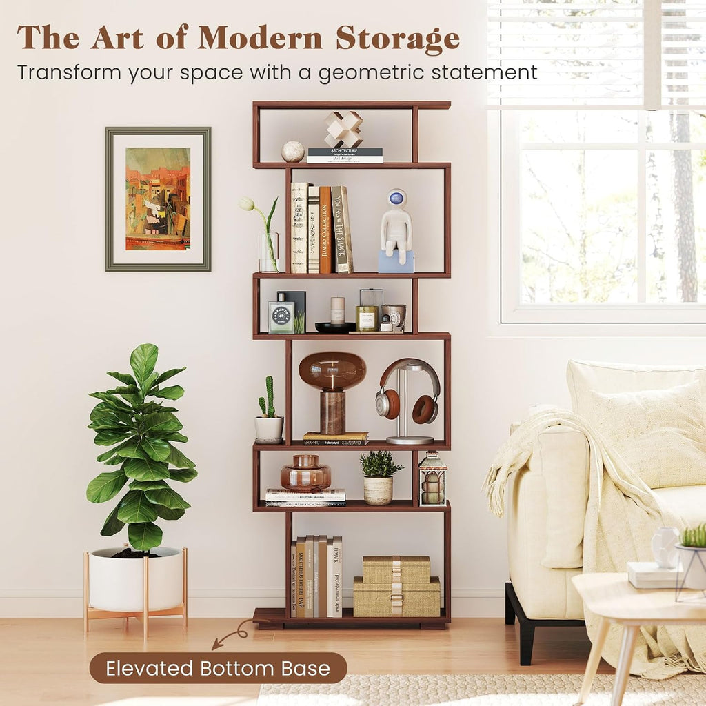 Giantex 6-Tier Geometric Bookshelf Set of 2, S-Shaped Bookcase with 2 Anti-Tipping Kits, Wooden Display Shelf, Decorative Storage Shelving Unit, Home Storage Organizer for Office Living Room, Walnut