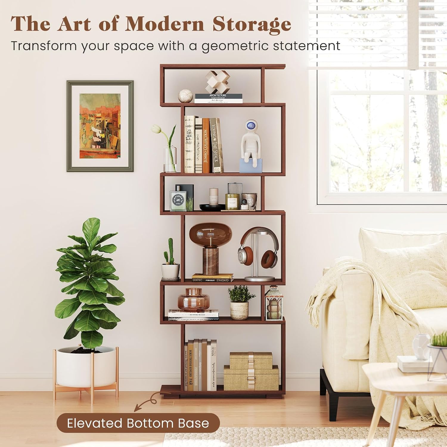 Giantex 6-Tier Geometric Bookshelf Set of 2, S-Shaped Bookcase with 2 Anti-Tipping Kits, Wooden Display Shelf, Decorative Storage Shelving Unit, Home Storage Organizer for Office Living Room, Walnut