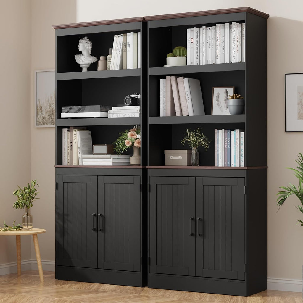 MHOM 71' Tall Bookshelf with Doors, 5 Tiers Farmhouse Bookcase with Adjustable Shelves, Wooden Rustic Display Cabinet for Home Office, Living Room, Black