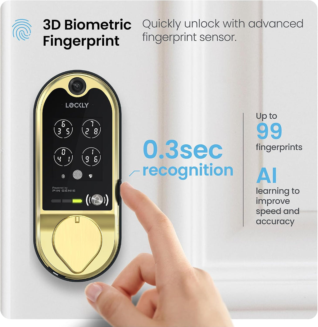 Lockly Vision Smart Lock with HD Video Doorbell, Fingerprint Door Lock for Front Door, Touchscreen Keypad, App Control, Auto Lock, No Monthly Fee - Brushed Gold